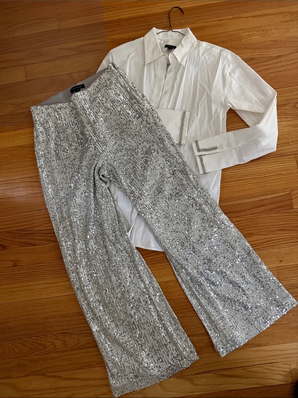 Ann Taylor Silver Sequin Wide-Leg Pants and matching shirt